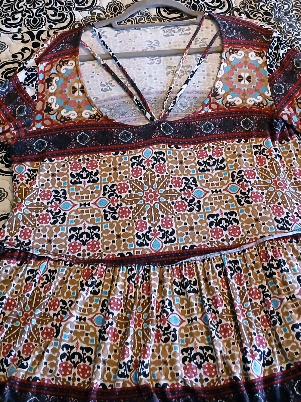 Boho Mosaic Print Babydoll Top in Rust, Teal & Cream